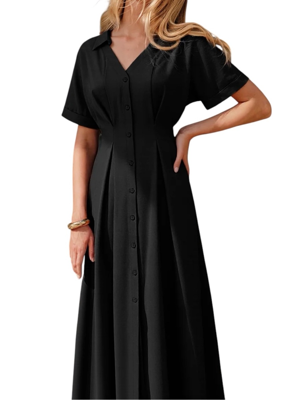 Commense Black Button-Front Short Sleeve Maxi Dress